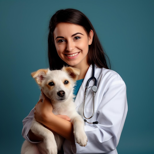 Photo portrait of a smiling veterinarian in blue latex gloves