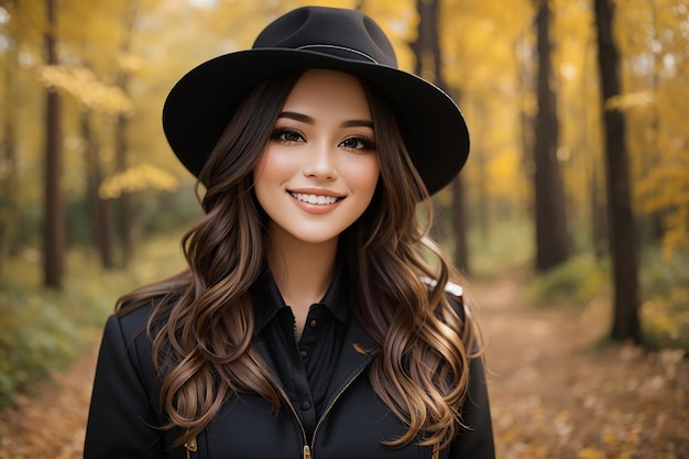 이 있는 검은 모자를 입은 웃는 여성의 사진 초상화 클래식 재 가을 숲 배경