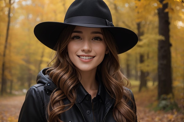 Photo portrait of smiling woman in black hat with brims classic jaket autumn forest background