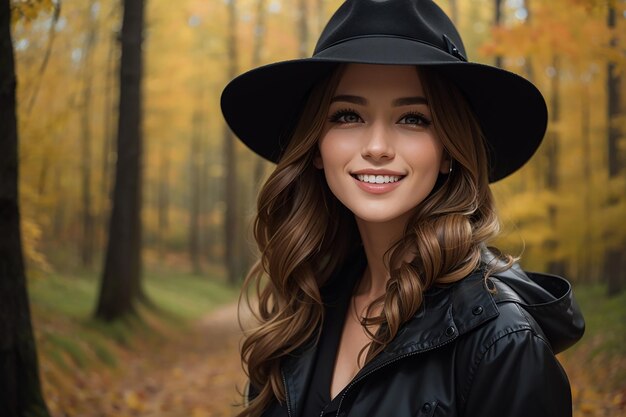 Photo portrait of smiling woman in black hat with brims classic jaket autumn forest background