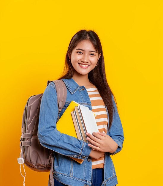 Photo portrait of smiling young female college school pretty student girl