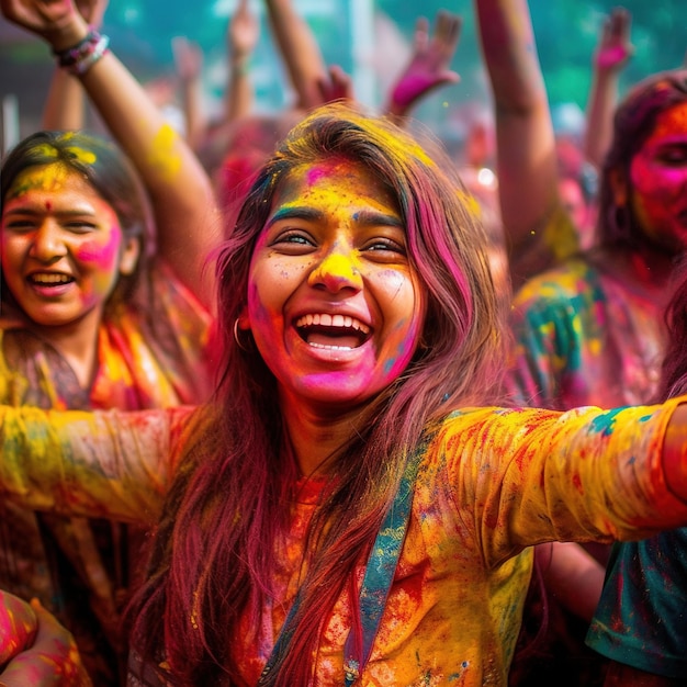 photo portrait of a smiling young woman covered with holi color Generative AI