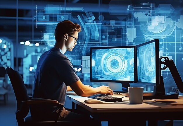 photo portrait of software developer doing working programming using computer