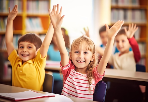 Photo portrait of students group kids group studying and answering put their hand up