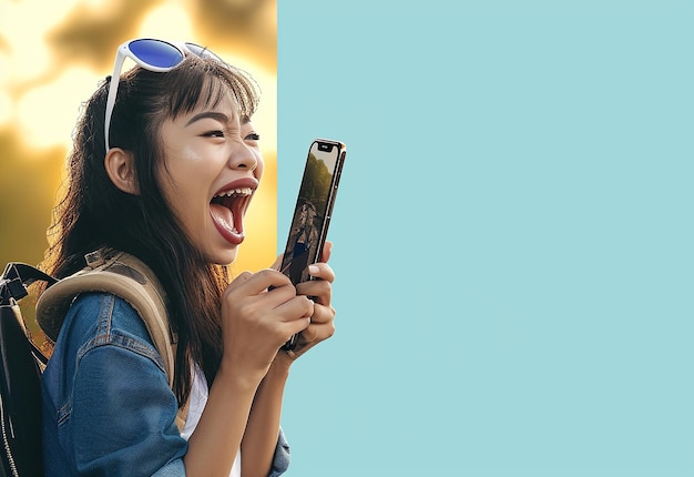 Photo portrait of surprise woman girl holding smartphone with cute smile