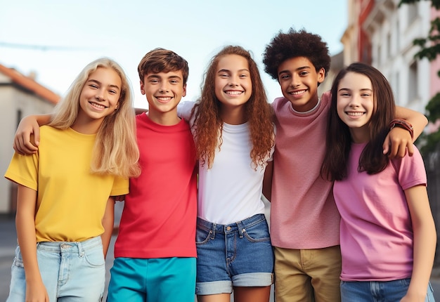 Photo portrait of teenagers together and having fun at summer time