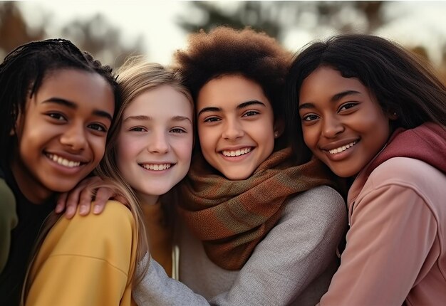 Photo portrait of teenagers together and having fun at summer time