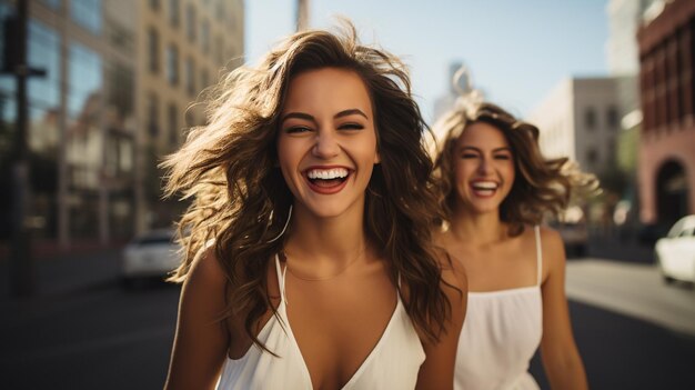 фотопортрет двух молодых красивых улыбающихся хипстерок модным летом, созданный AI