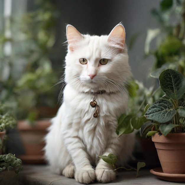 Photo portrait of white cat sitting by plants