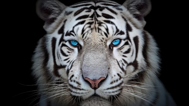 Photo portrait white tiger with blue eyes on a dark background