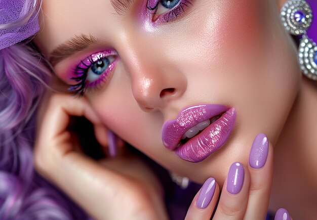 Photo photo portrait of a woman beauty face with purple makeup nails and lips