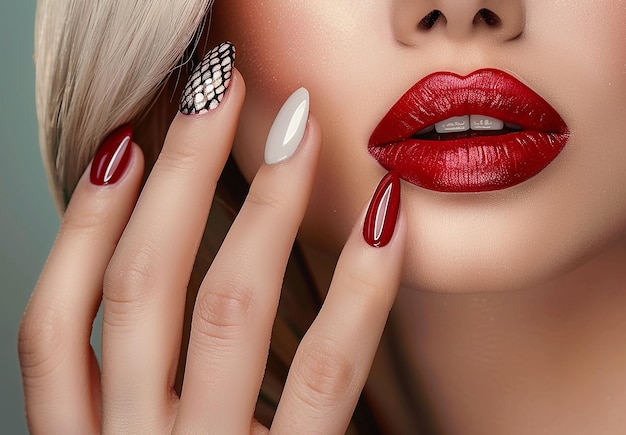 Photo portrait of a woman beauty face with red lipstick and red nail arts