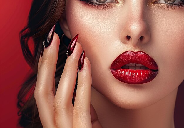 Photo photo portrait of a woman beauty face with red lipstick and red nail arts