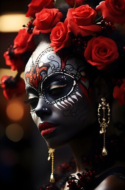 Photo photo portrait woman day of the dead costumes and skull makeup generative ai