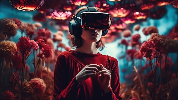 Photo portrait of a woman immersed in a vr world