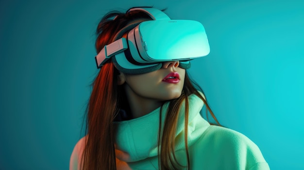 Photo portrait of a woman immersed in a vr world