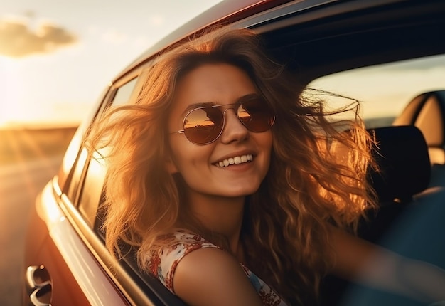 Photo portrait of woman sticking out of car window while car driving at summer nature