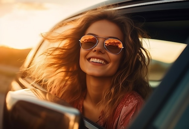 Photo photo portrait of woman sticking out of car window while car driving at summer nature