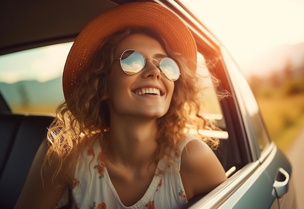 Photo portrait of woman sticking out of car window while car driving at summer nature