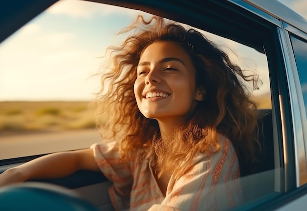 Фотопортрет женщины, выступающей из окна автомобиля во время вождения автомобиля на летней природе