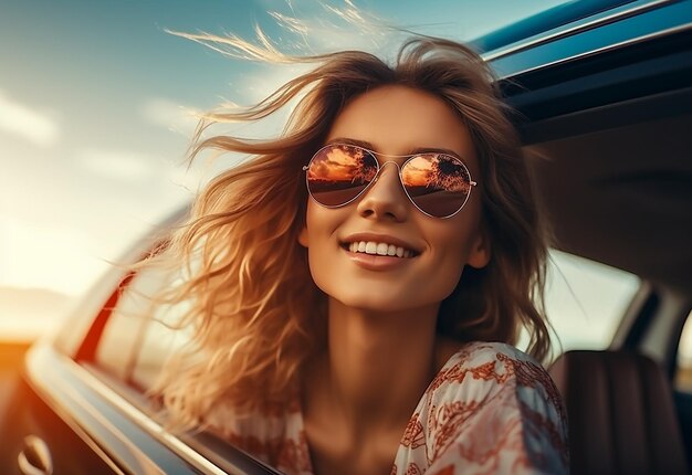 Photo portrait of woman sticking out of car window while car driving at summer nature