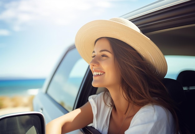 夏の自然で車を運転している間に車の窓から突き出している女性の写真肖像画