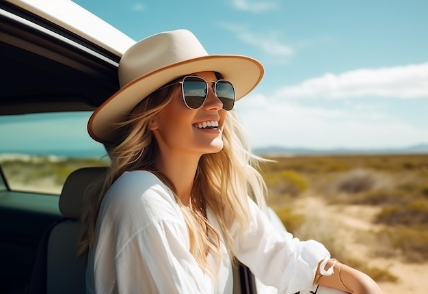 Photo portrait of woman sticking out of car window while car driving at summer nature