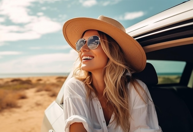 Photo portrait of woman sticking out of car window while car driving at summer nature