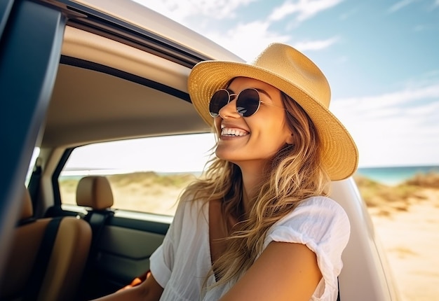 Photo portrait of woman sticking out of car window while car driving at summer nature