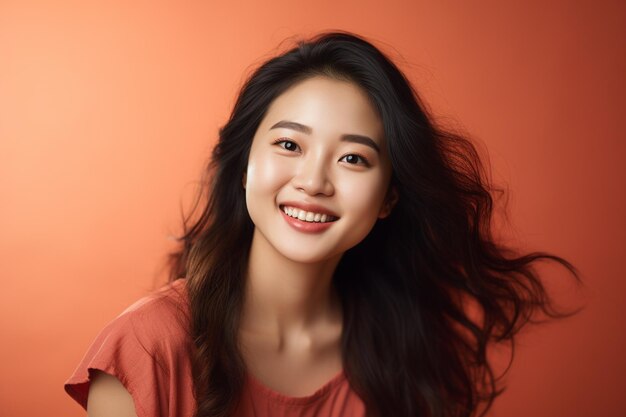 photo portrait of young asian lady smiling with cheerful expression shows something amazing