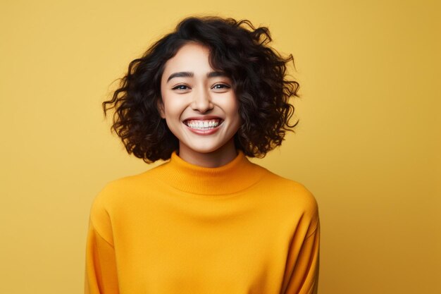 Photo photo portrait of young asian lady smiling with cheerful expression shows something amazing