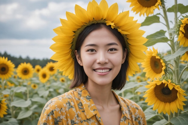 A photo portrait of a young Asian woman surrounded by bright sunflowers