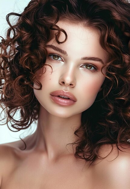 Photo portrait of young beautiful female sexy woman model face with brunette curly hair