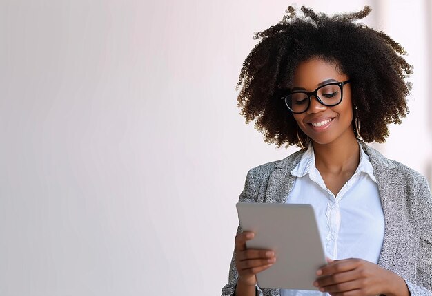 Photo portrait of young beautiful smiling confident businesswoman with tab