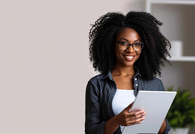 Photo portrait of young beautiful smiling confident businesswoman with tab