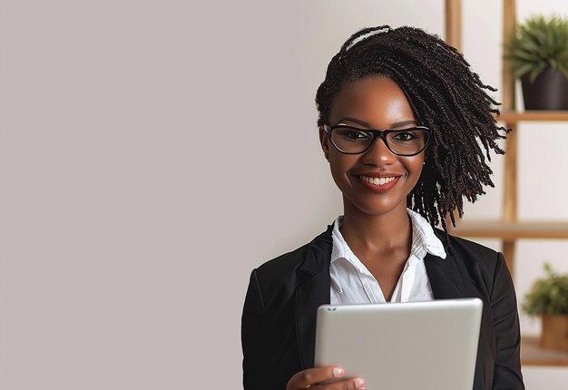 Photo portrait of young beautiful smiling confident businesswoman with tab