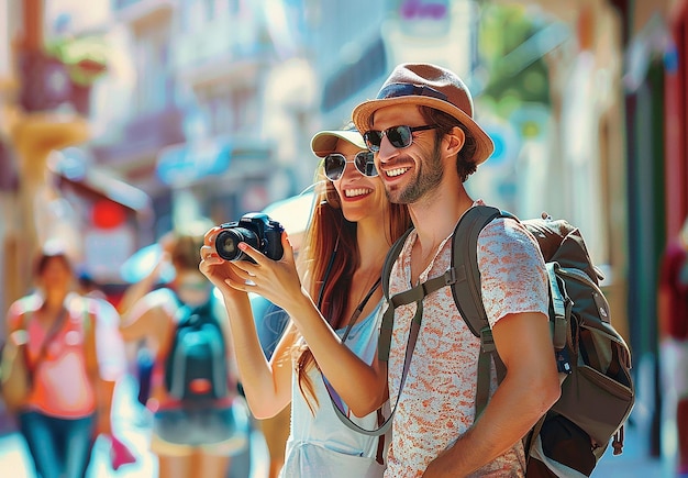 Foto ritratto fotografico di una giovane bella coppia di viaggiatori marito e moglie sorridenti prendono un selfie