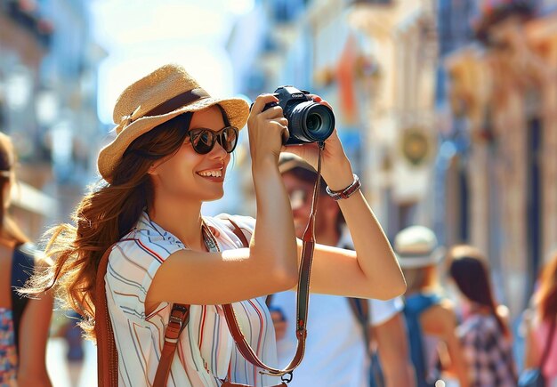 Photo photo portrait of a young beautiful travel couple husband and wife smiling take selfie