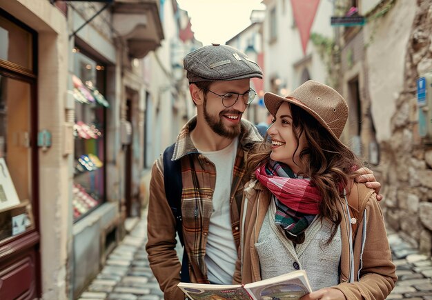 Photo photo portrait of a young beautiful travel couple husband and wife smiling take selfie