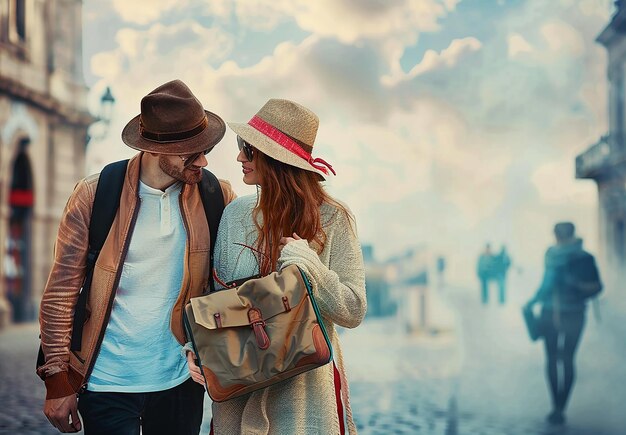 Foto ritratto fotografico di una giovane bella coppia di viaggiatori marito e moglie sorridenti prendono un selfie