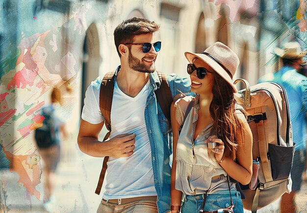 Photo portrait of a young beautiful travel couple husband and wife smiling take selfie