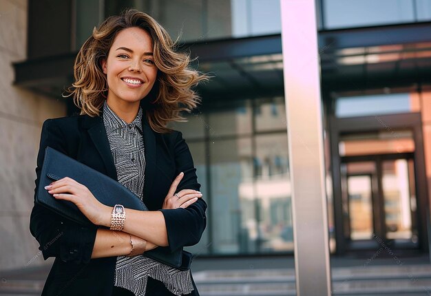 Photo portrait of young business woman with her arms crossed in front of a building