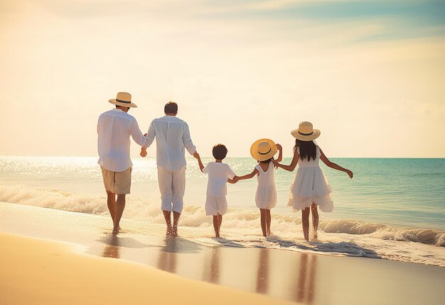 Photo portrait of young cheerful parents and little children enjoying at the beach