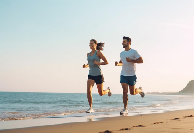 Photo Portrait of young couple jogging and running on the road and doing exercise