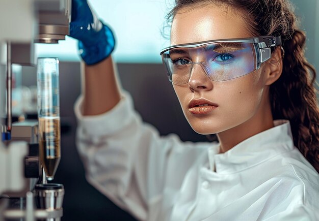 Photo portrait of a young female woman scientist lab researcher technician working