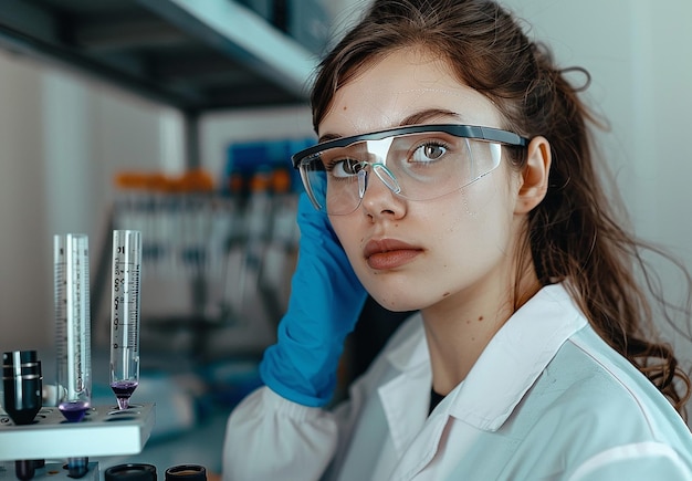 Photo photo portrait of a young female woman scientist lab researcher technician working