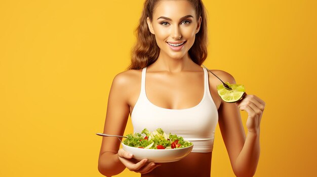 Photo portrait of young fitness woman eating healthy salad with smile face