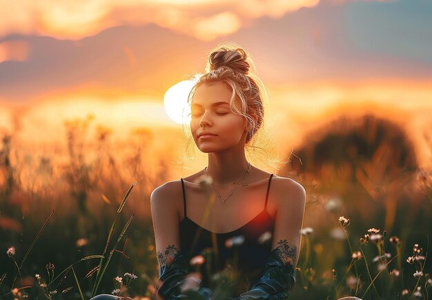 Photo photo portrait of a young girl woman sits in a field and doing meditation yoga