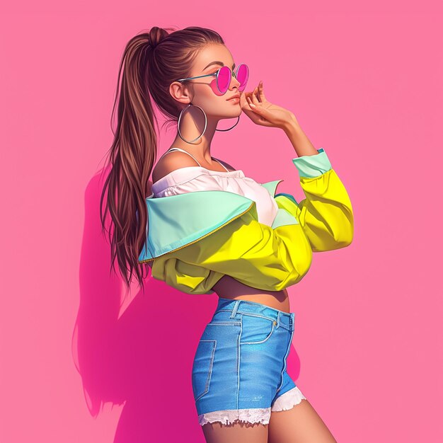 Photo portrait of a young girl woman wearing a yellow top and blue jeans is posing for a photo