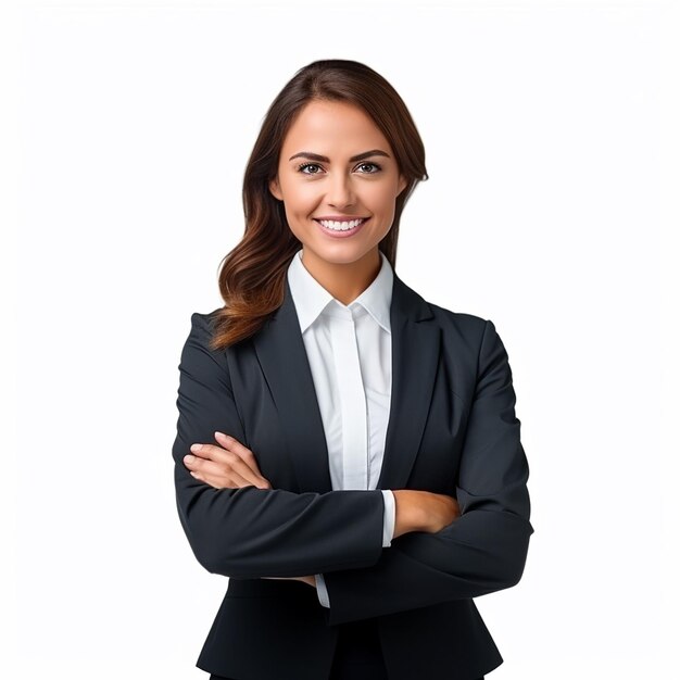 Ritratto fotografico di una giovane donna d'affari felice, segretaria d'ufficio con il viso sorridente